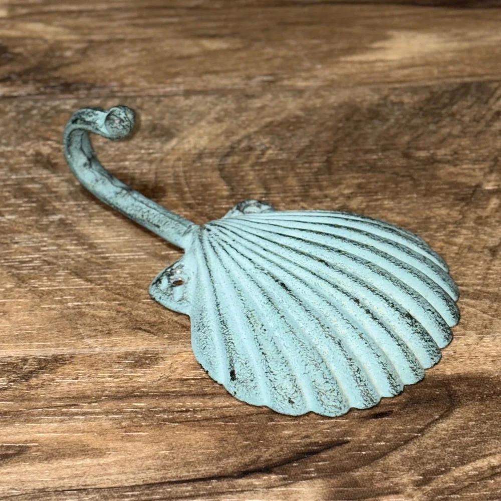 Cast Iron Beach Seashell Wall Hook Distressed Teal Scallop Shell 7x4